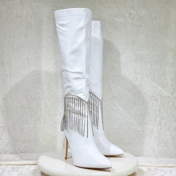 Sway White Knee High Boots Stiletto Heels Icicle Fringe - Picture 8 of 10